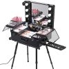 Rolling Makeup Case 28"x21"x54" with LED Light Mirror Adjustable Legs Lockable Train Table